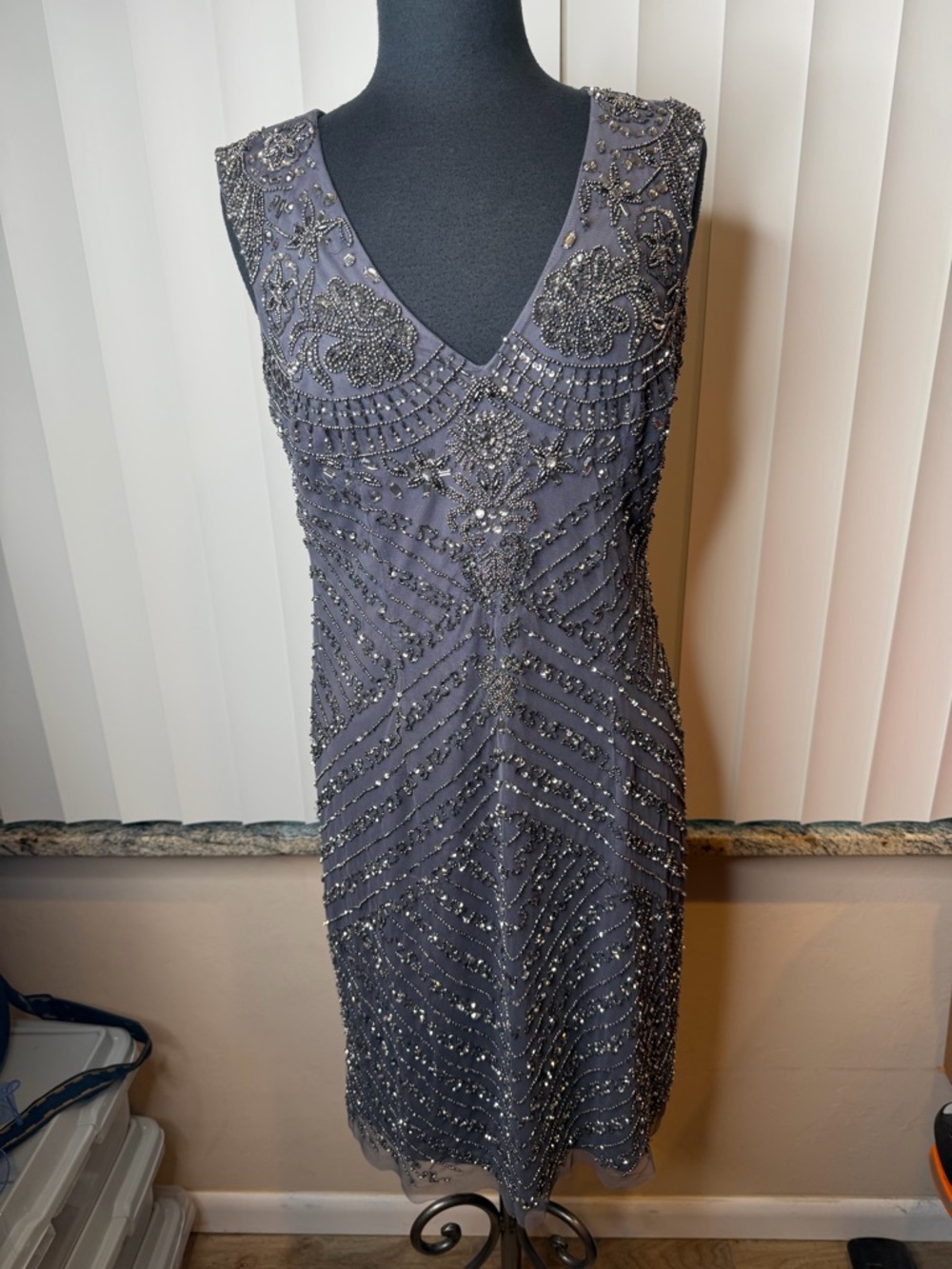 Aidan Mattox Embellished Grey Evening Shift Art Deco Dress Woman Plus Size 14